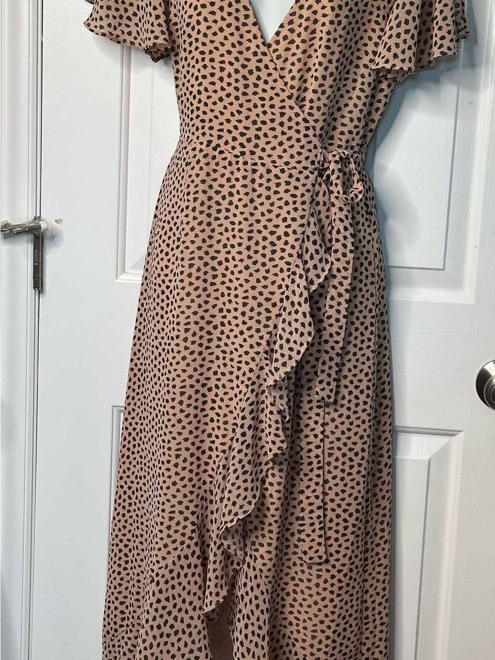 vestique Taupe Wrap Maxi Dress with Black Spot Print